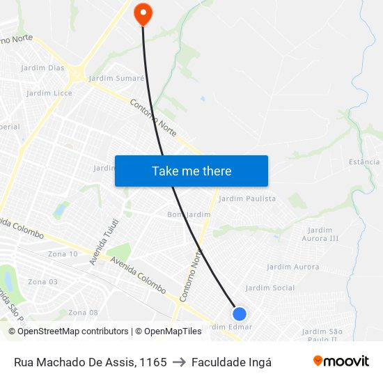 Rua Machado De Assis, 1165 to Faculdade Ingá map