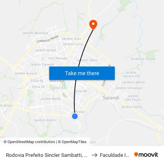 Rodovia Prefeito Sincler Sambatti, 7028 to Faculdade Ingá map