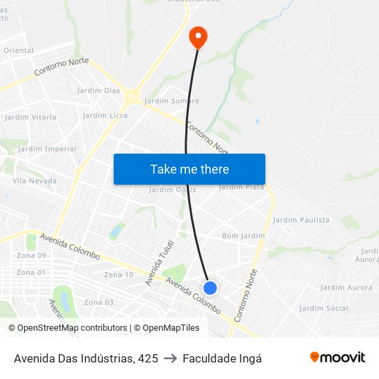 Avenida Das Indústrias, 425 to Faculdade Ingá map