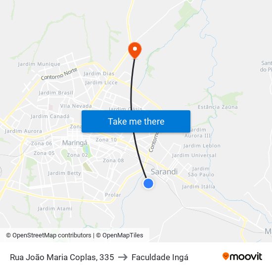 Rua João Maria Coplas, 335 to Faculdade Ingá map