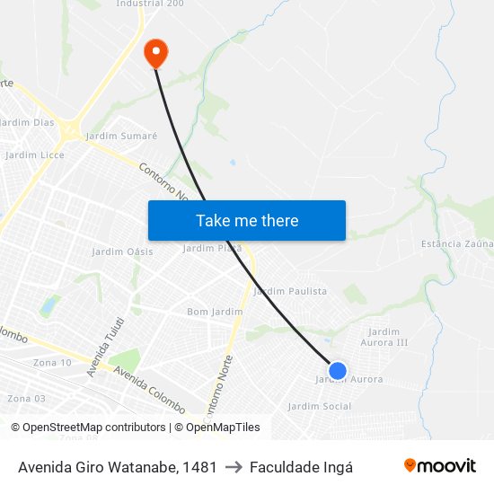 Avenida Giro Watanabe, 1481 to Faculdade Ingá map