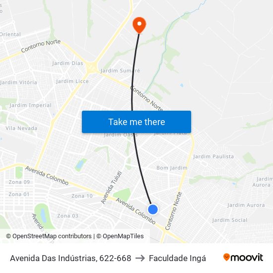 Avenida Das Indústrias, 622-668 to Faculdade Ingá map