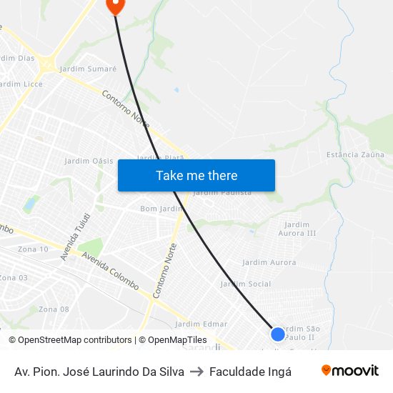 Av. Pion. José Laurindo Da Silva to Faculdade Ingá map