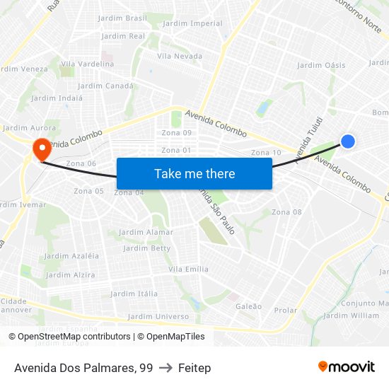 Avenida Dos Palmares, 99 to Feitep map