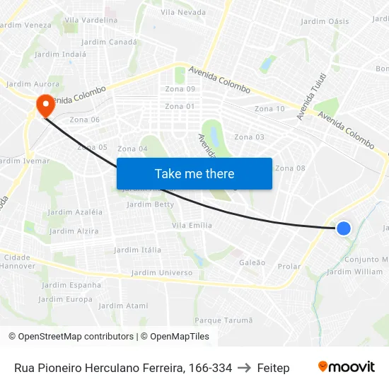 Rua Pioneiro Herculano Ferreira, 166-334 to Feitep map
