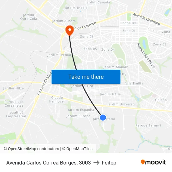 Avenida Carlos Corrêa Borges, 3003 to Feitep map