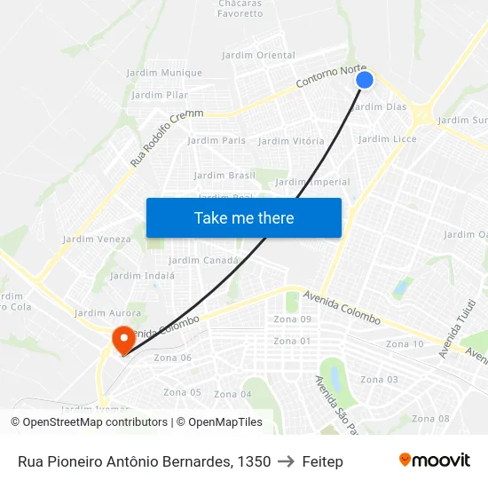 Rua Pioneiro Antônio Bernardes, 1350 to Feitep map