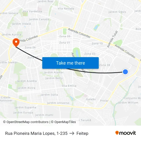 Rua Pioneira Maria Lopes, 1-235 to Feitep map