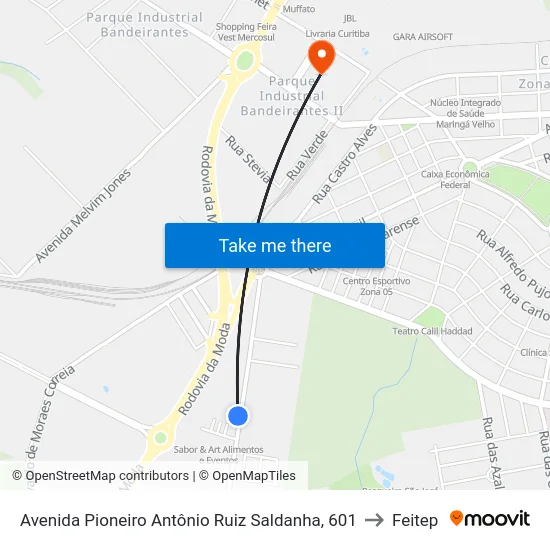 Avenida Pioneiro Antônio Ruiz Saldanha, 601 to Feitep map