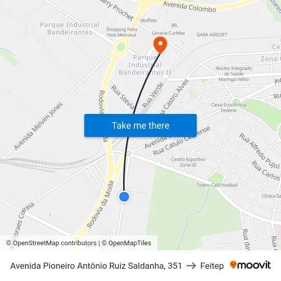 Avenida Pioneiro Antônio Ruiz Saldanha, 351 to Feitep map