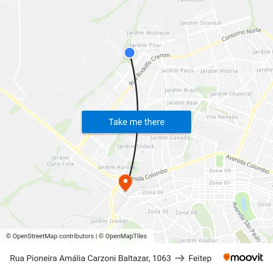 Rua Pioneira Amália Carzoni Baltazar, 1063 to Feitep map