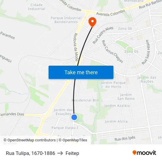 Rua Tulípa, 1670-1886 to Feitep map
