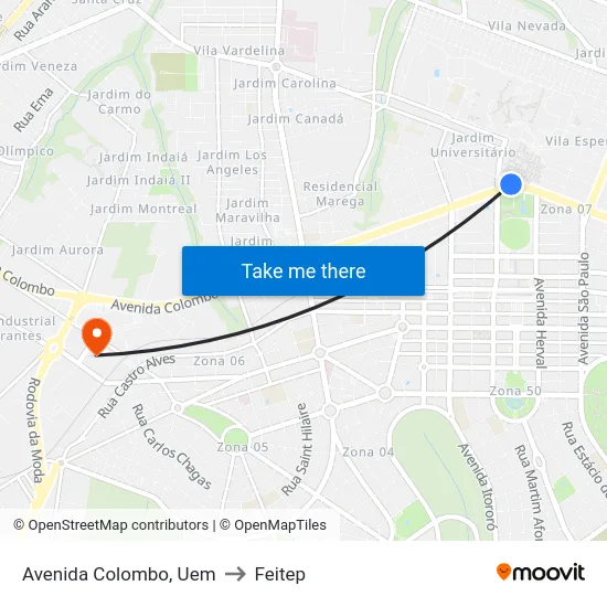 Avenida Colombo, Uem to Feitep map