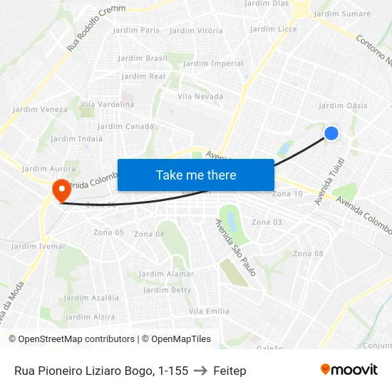Rua Pioneiro Liziaro Bogo, 1-155 to Feitep map