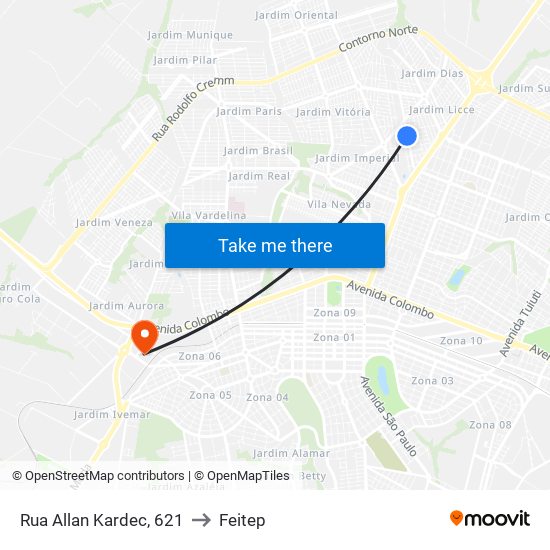 Rua Allan Kardec, 621 to Feitep map