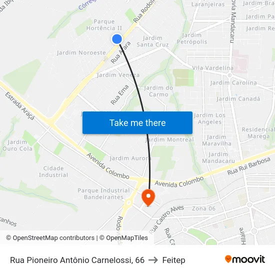Rua Pioneiro Antônio Carnelossi, 66 to Feitep map