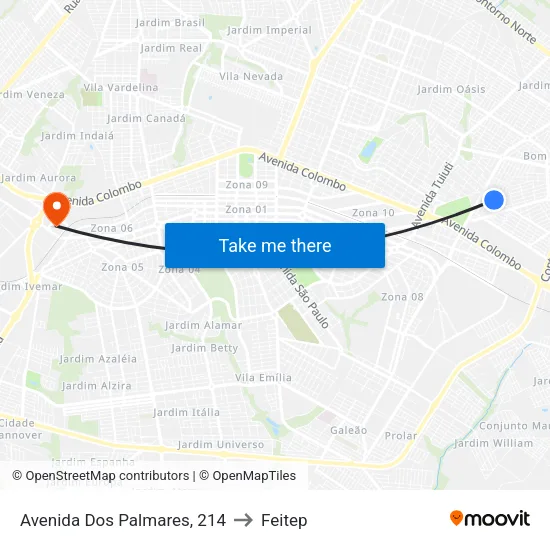 Avenida Dos Palmares, 214 to Feitep map