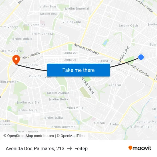Avenida Dos Palmares, 213 to Feitep map
