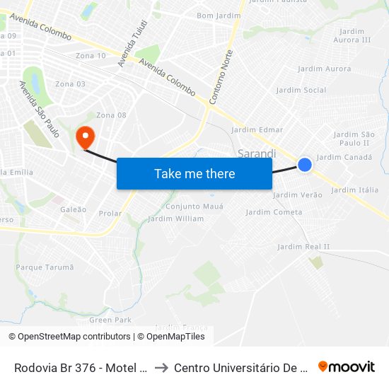 Rodovia Br 376 - Motel Bentevi to Centro Universitário De Maringá map