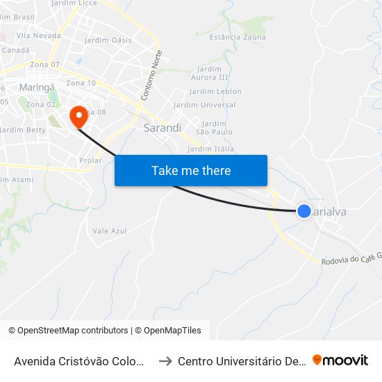 Avenida Cristóvão Colombo, 2641 to Centro Universitário De Maringá map