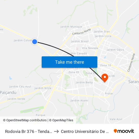Rodovia Br 376 - Tenda Motel to Centro Universitário De Maringá map