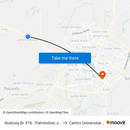 Rodovia Br 376 - Patrimônio Jardim São Domingos to Centro Universitário De Maringá map