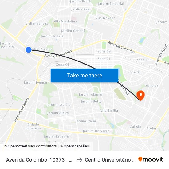 Avenida Colombo, 10373 - Clube Olímpico to Centro Universitário De Maringá map