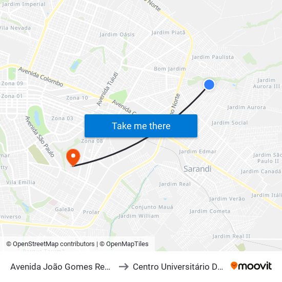 Avenida João Gomes Redondo 981 to Centro Universitário De Maringá map