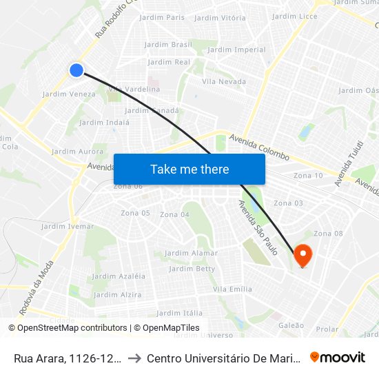 Rua Arara, 1126-1208 to Centro Universitário De Maringá map