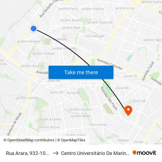 Rua Arara, 932-1010 to Centro Universitário De Maringá map