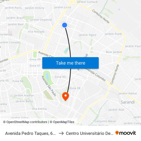 Avenida Pedro Taques, 6016-6092 to Centro Universitário De Maringá map
