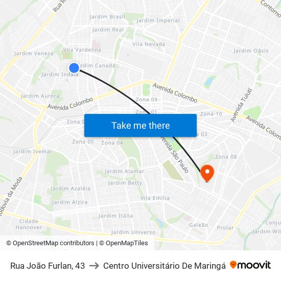 Rua João Furlan, 43 to Centro Universitário De Maringá map