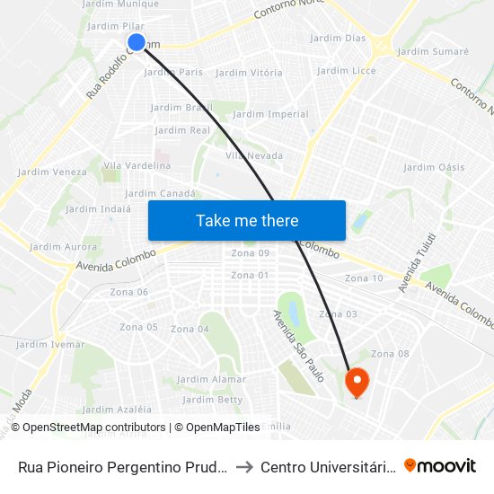 Rua Pioneiro Pergentino Prudente Francisco, 142 to Centro Universitário De Maringá map