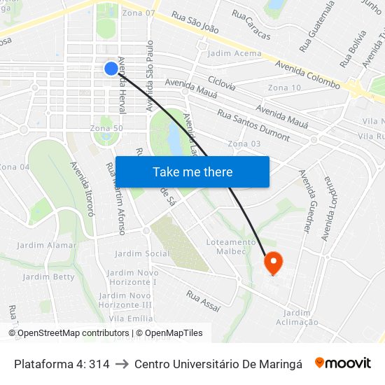 Plataforma 4: 314 to Centro Universitário De Maringá map