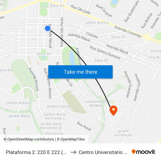 Plataforma 2: 220 E 222 (Higienópolis) to Centro Universitário De Maringá map