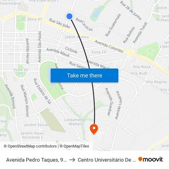Avenida Pedro Taques, 992-1090 to Centro Universitário De Maringá map