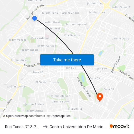 Rua Tunas, 713-739 to Centro Universitário De Maringá map