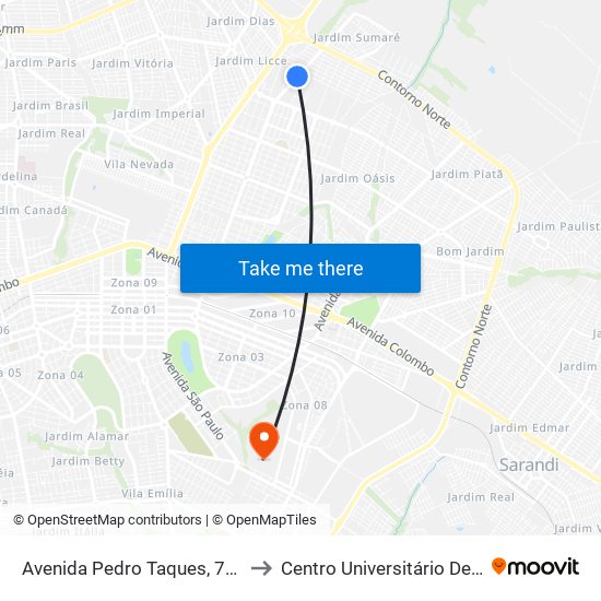 Avenida Pedro Taques, 7214-7298 to Centro Universitário De Maringá map