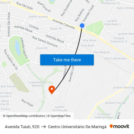 Avenida Tuiuti, 920 to Centro Universitário De Maringá map