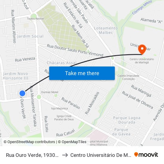 Rua Ouro Verde, 1930-2008 to Centro Universitário De Maringá map