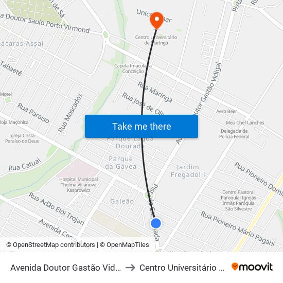 Avenida Doutor Gastão Vidigal, 584-648 to Centro Universitário De Maringá map