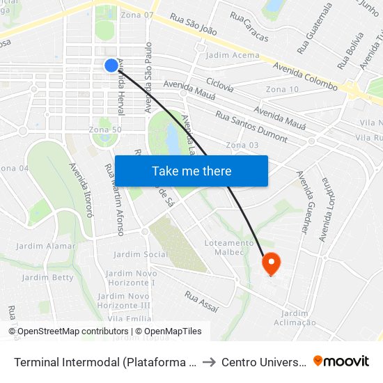 Terminal Intermodal (Plataforma Viação Garcia / Linha Mandaguari) to Centro Universitário De Maringá map