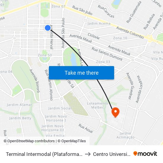 Terminal Intermodal (Plataforma Viação Garcia / Linha Marialva) to Centro Universitário De Maringá map