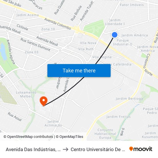 Avenida Das Indústrias, 64-154 to Centro Universitário De Maringá map