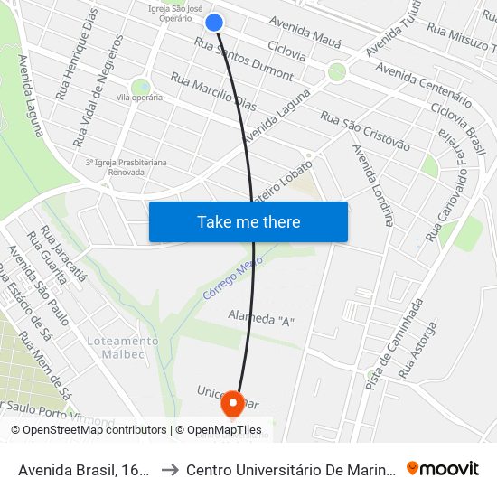 Avenida Brasil, 1606 to Centro Universitário De Maringá map
