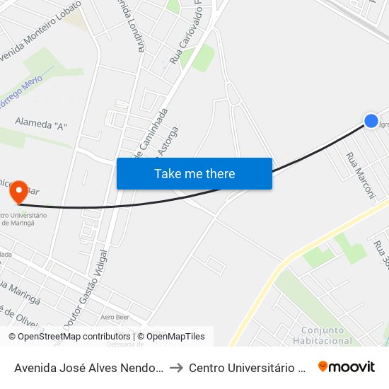 Avenida José Alves Nendo, 1159-1229 to Centro Universitário De Maringá map