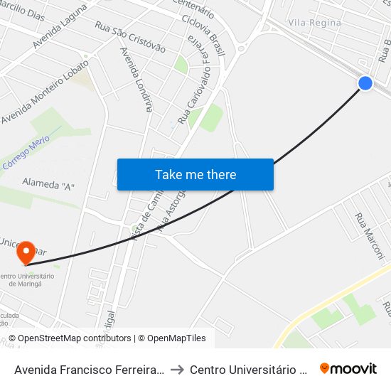 Avenida Francisco Ferreira De Miranda to Centro Universitário De Maringá map