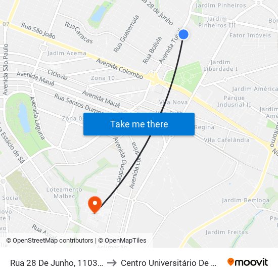Rua 28 De Junho, 1103-1197 to Centro Universitário De Maringá map