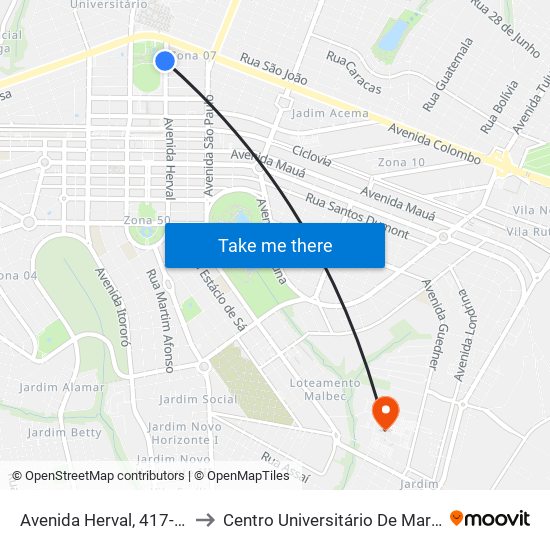 Avenida Herval, 417-629 to Centro Universitário De Maringá map