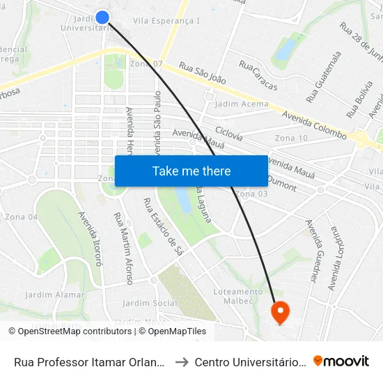 Rua Professor Itamar Orlando Soares, 2-254 to Centro Universitário De Maringá map